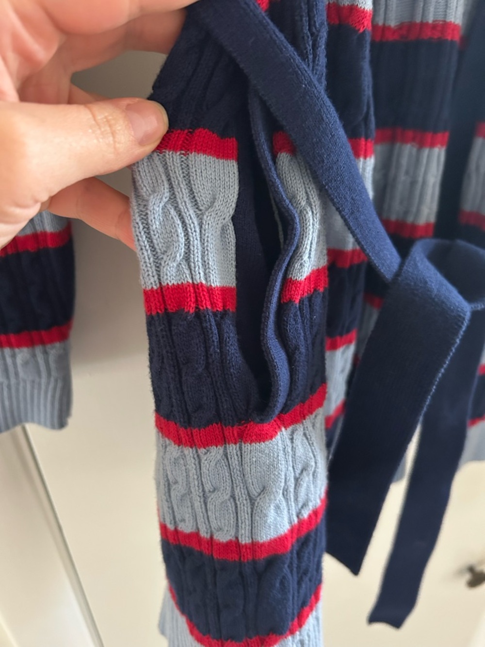 Lands' End Navy, Light Blue & Red Striped Cable-Knit Belted Cardigan - Picture 4 of 6